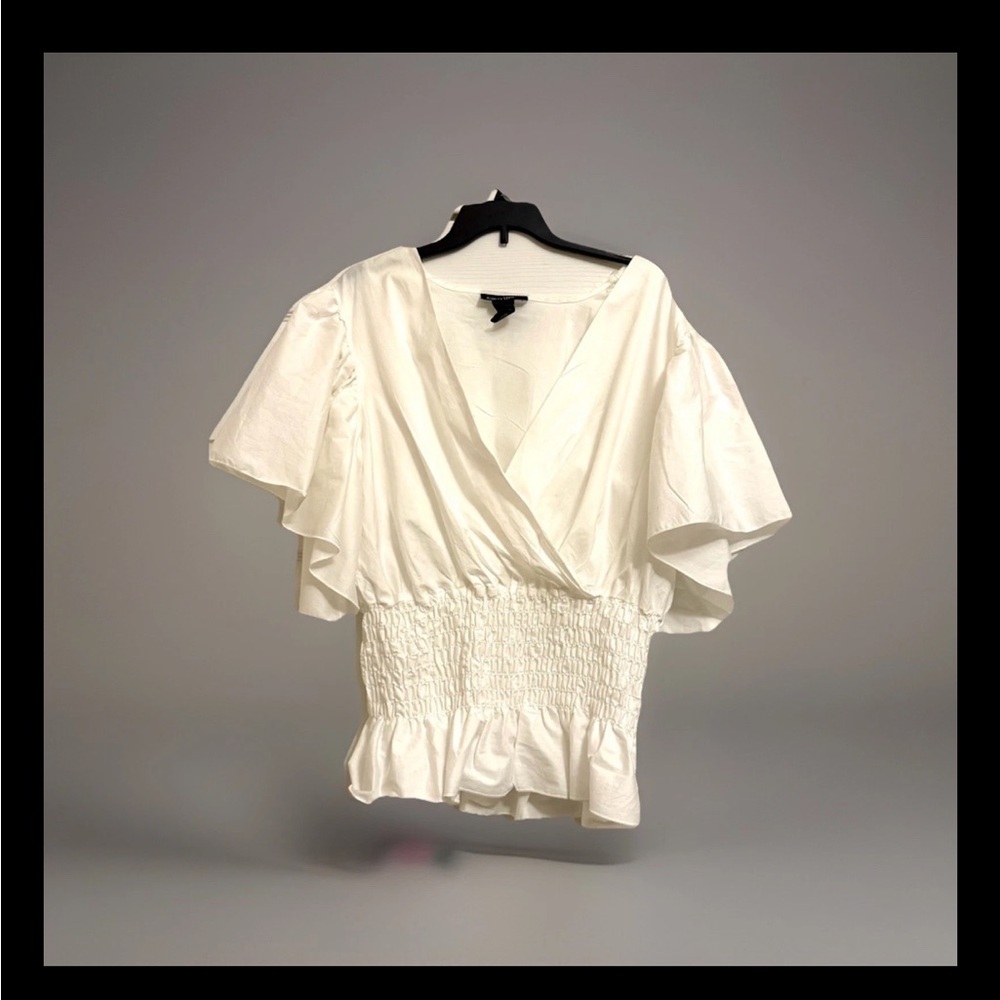 Ashley Stewart White Puff Sleeve Smocked Peplum Blouse Size L (14/16) NWT
